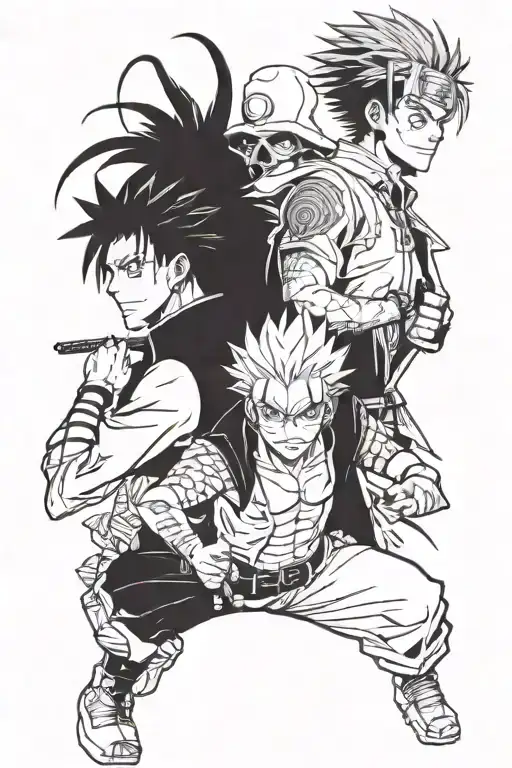 Sukuna from Jujutsu Kaisen, with Jotaro from Jojo, and Levi from Attack on Titan tattoo design idea
