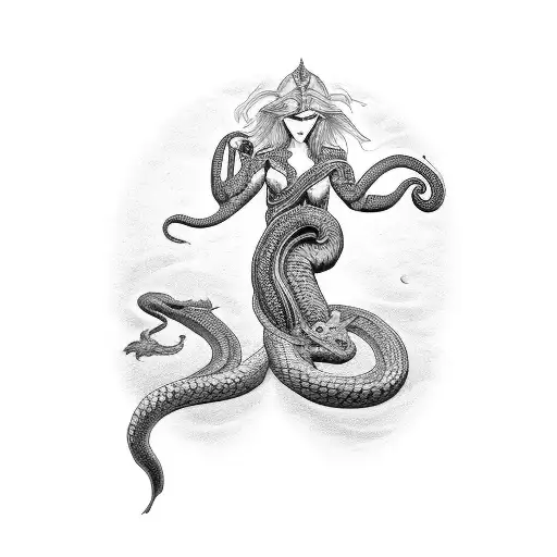 Melusine, legendary woman with serpent tail from the waist down.  tattoo design idea