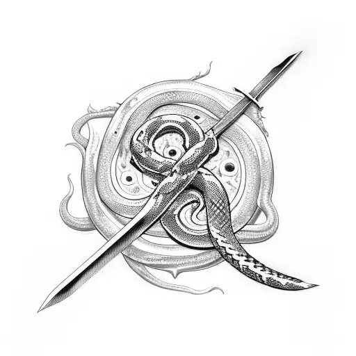 a tattoo where a snake twists around a sword and at the bottom of the sword the snakes head has been penetrated but the  tattoo design idea