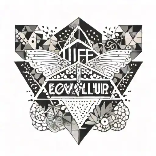 A geometric design incorporating the quote 'Life taught me to never give up Neither win nor lose but seek to evolve' tattoo design idea