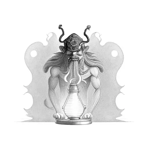 djinn coming out of a oil lamp tattoo design idea