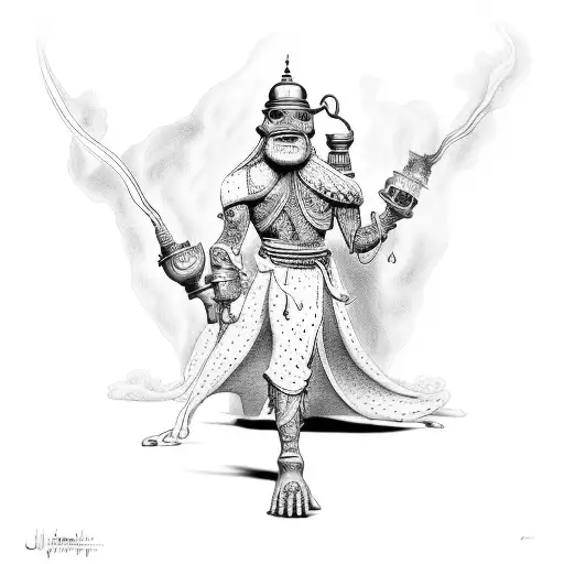 djinn coming out of a oil lamp tattoo design idea