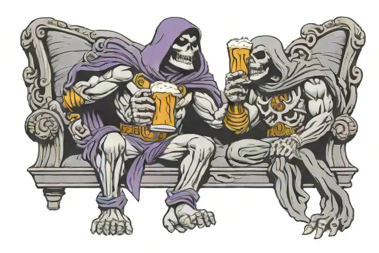skeletor and mumm ra drinking beer tattoo design idea