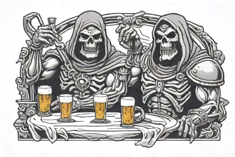 skeletor and mummra drinking beer tattoo design idea