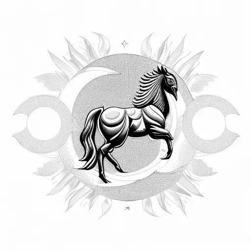 lyrebird feathers, horse, eagles, chariot, stars, moon, sun, bow tattoo design idea