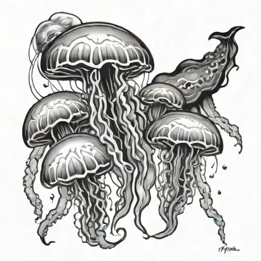 A family of jellyfish swimming together, each representing a different member of your family and their unique qualities tattoo design idea