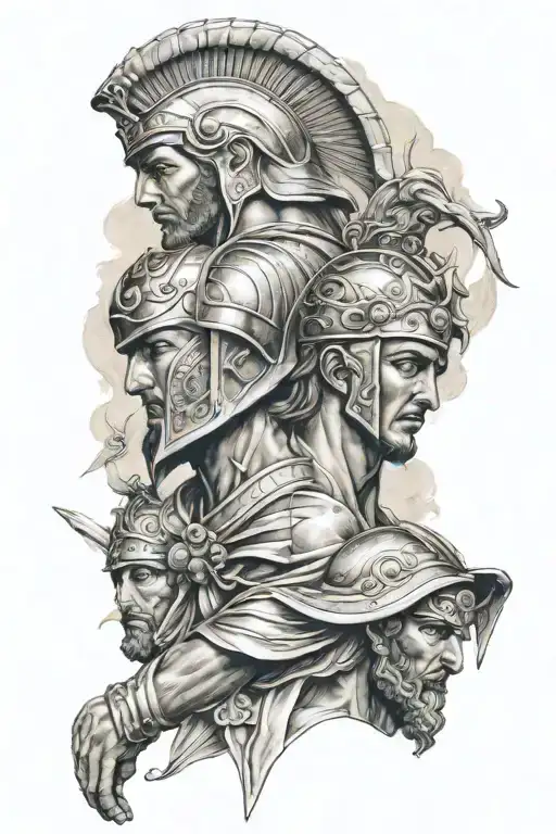 tattoo sleeve featuring achilles, king leonidas I, and Alexander the great tattoo design idea