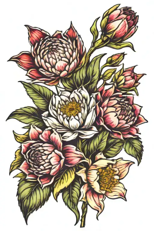 king protea, daffodil, sweat pea, poppy, gladiolus and peony flowers  tattoo design idea
