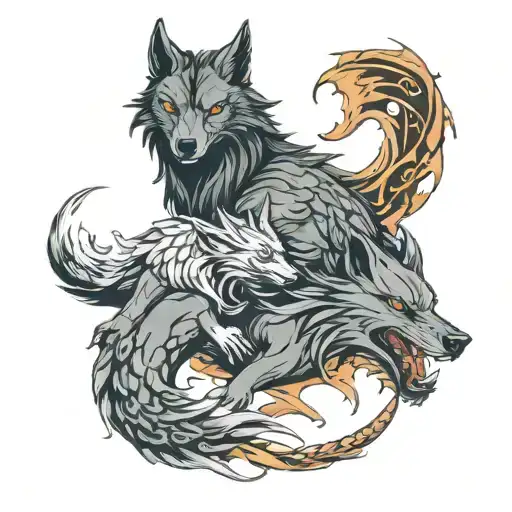 wolf and dragon intertwined tattoo design idea