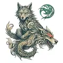 wolf and dragon intertwined tattoo design idea