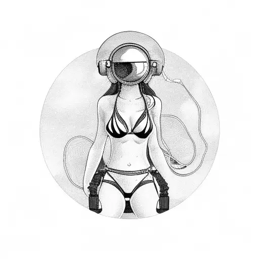 sexy woman wearing a bikini and an astronaut helmet tattoo design idea