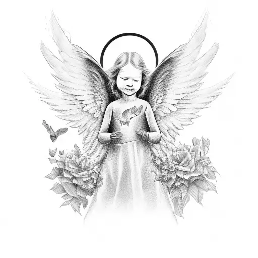 A detailed portrait of the client's loved one as an angel, with the date of their passing incorporated into the wings tattoo design idea