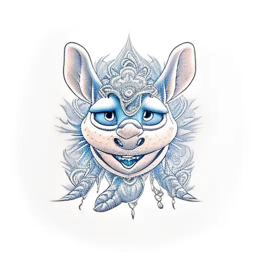 Blue Stich (animation "Lilu and Stich") sits on a car's hood tattoo design idea