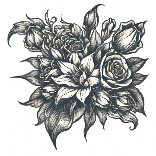 rose, tulip, gladiolus, lily bouquet of flowers  tattoo design idea