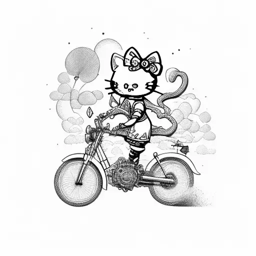 A surrealistic portrayal of a hellokitty character riding a motocross bike through a field of estrogen molecules tattoo design idea