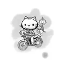 A surrealistic portrayal of a hellokitty character riding a motocross bike through a field of estrogen molecules tattoo design idea