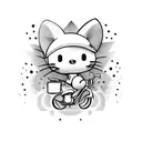 A surrealistic portrayal of a hellokitty character riding a motocross bike through a field of estrogen molecules tattoo design idea