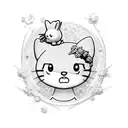 A surrealistic portrayal of a hellokitty character riding a motocross bike through a field of estrogen molecules tattoo design idea