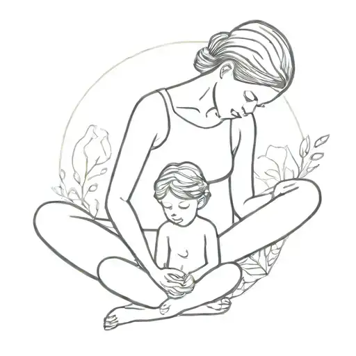 A minimalist design of a mother and child practicing yoga in a serene nature setting tattoo design idea