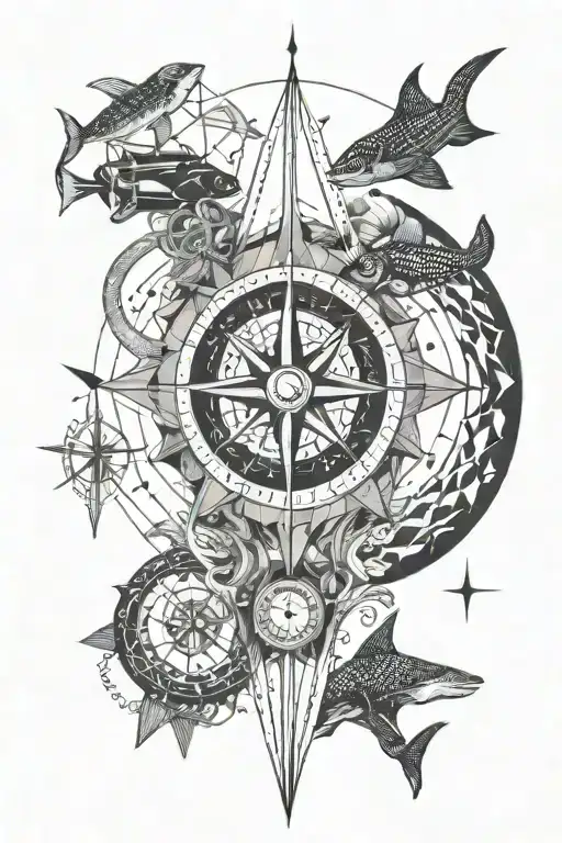 ocean, ships, divers, sea creatures, compass, moon tattoo design idea