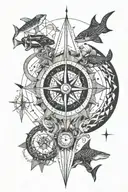 ocean, ships, divers, sea creatures, compass, moon tattoo design idea