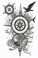 ocean, ships, divers, sea creatures, compass, moon tattoo design idea