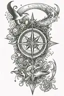 ocean, ships, divers, sea creatures, compass, moon tattoo design idea