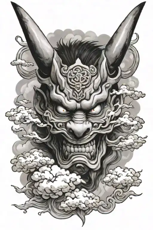 half oni mask surrounded by Japanese clouds tattoo design idea