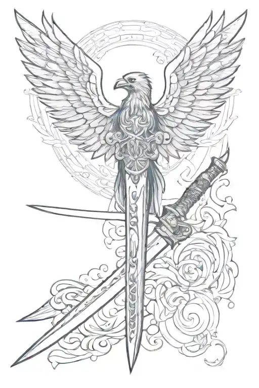 wings of crow and katana sword degrade tattoo design idea