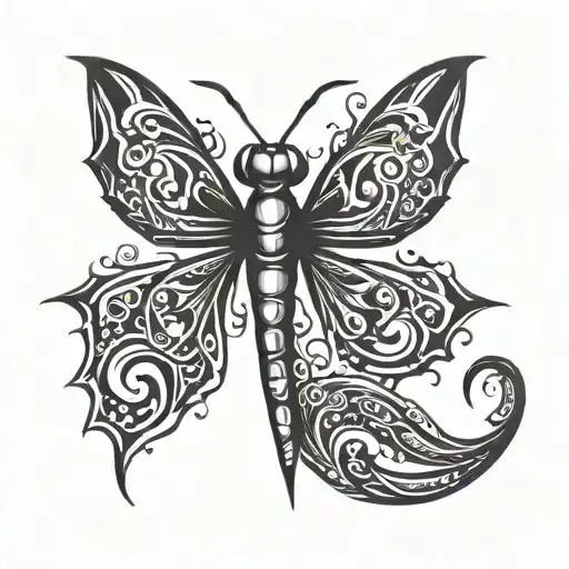 generate scatch dragon fly for tattoo in dark fantasy style with sharp ends symmetrically top view tattoo design idea