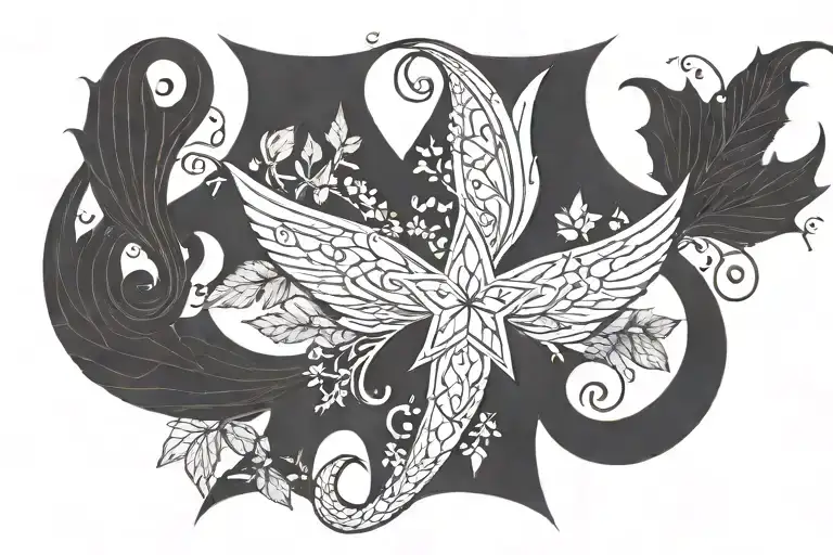 pentagram, ivy, zodiac sign Scorpio, mermaid tail, fairy wings tattoo design idea