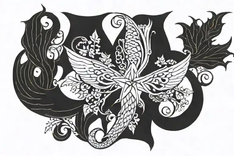pentagram, ivy, zodiac sign Scorpio, mermaid tail, fairy wings tattoo design idea