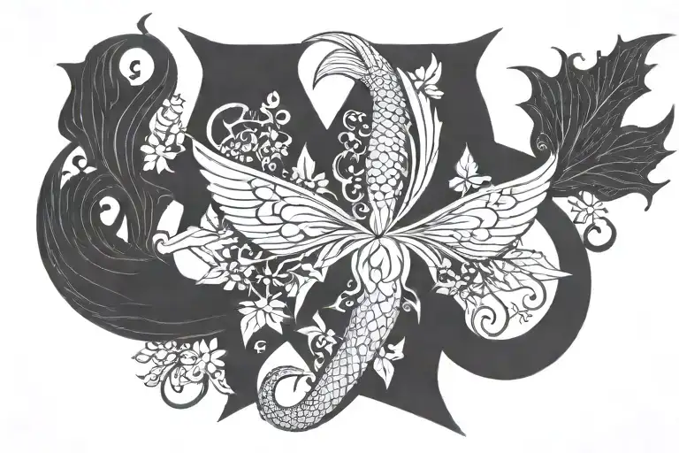 pentagram, ivy, zodiac sign Scorpio, mermaid tail, fairy wings tattoo design idea