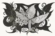 pentagram, ivy, zodiac sign Scorpio, mermaid tail, fairy wings tattoo design idea