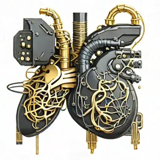 black and gold circuit board connected by wires to a realistic human heart blood tattoo design idea