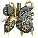 black and gold circuit board connected by wires to a realistic human heart blood tattoo design idea