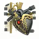 black and gold circuit board connected by wires to a realistic human heart blood tattoo design idea