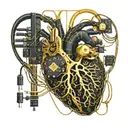 black and gold circuit board connected by wires to a realistic human heart blood tattoo design idea