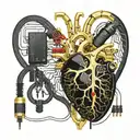 black and gold circuit board connected by wires to a realistic human heart blood tattoo design idea