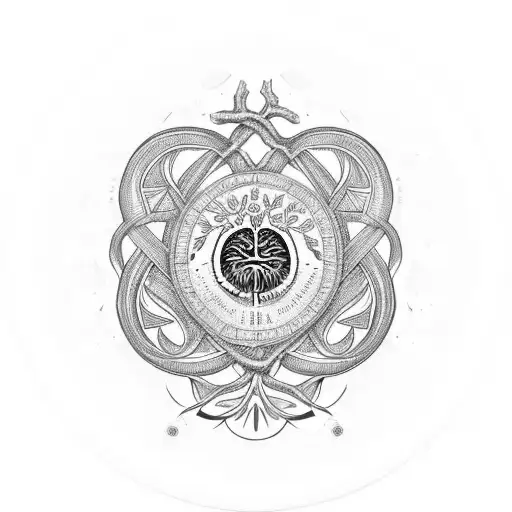 A circular emblem with a bold and intricate tree of life at its center, surrounded by a circular frame. The roots of the tattoo design idea