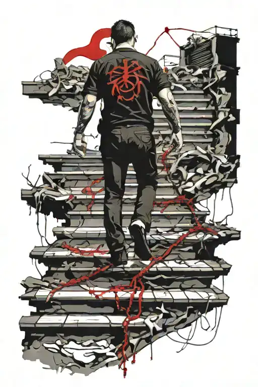 stairs covered in cracks going from hell to heaven with a man standing in the middle tied in chains tattoo design idea