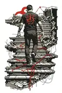 stairs covered in cracks going from hell to heaven with a man standing in the middle tied in chains tattoo design idea