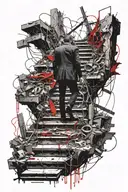 stairs covered in cracks going from hell to heaven with a man standing in the middle tied in chains tattoo design idea