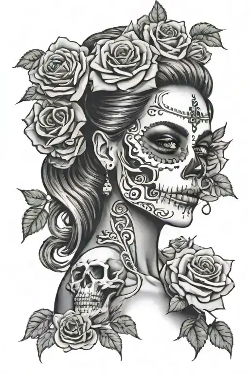 mexican arm tattoo stylish looking skeleton women's head surround full of rose tattoo design idea