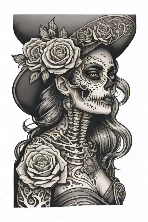 mexican arm tattoo stylish looking skeleton women with full of rose tattoo design idea
