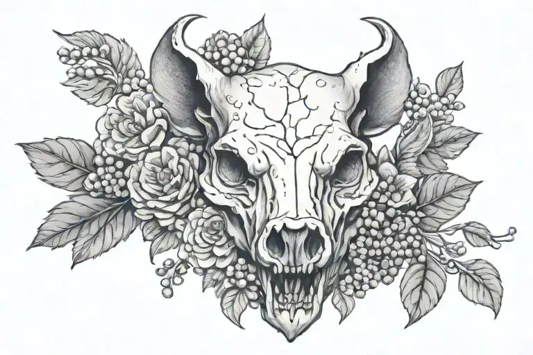 boar skull surrounded by blueberries, pimpernel, moon tattoo design idea