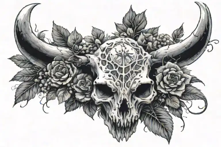 boar skull surrounded by blueberries, spider webs, pimpernel, spiders, celestial tattoo design idea