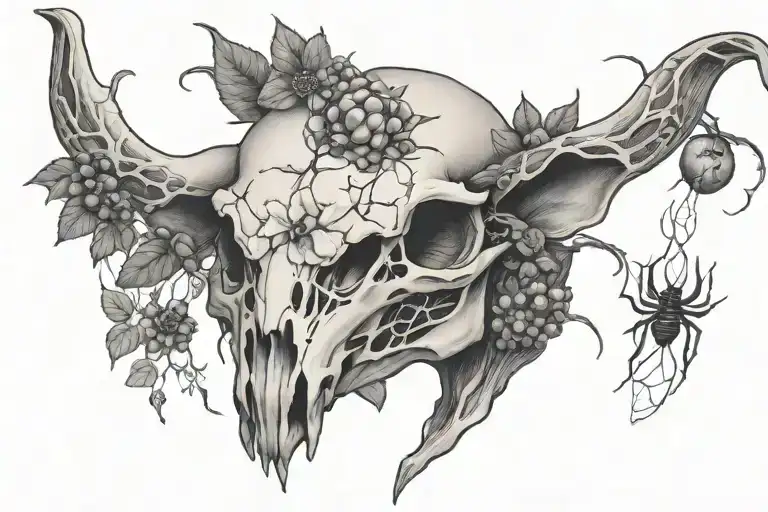 pig skull surrounded by blueberries, spider webs, pimpernel, spiders, celestial tattoo design idea