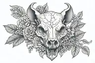 boar skull surrounded by blueberries, pimpernel, moon tattoo design idea