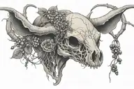 pig skull surrounded by blueberries, spider webs, pimpernel, spiders, celestial tattoo design idea